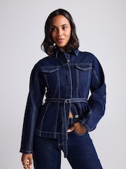 Rinse Blue Belted Fitted Denim Jacket - Image 1 of 8