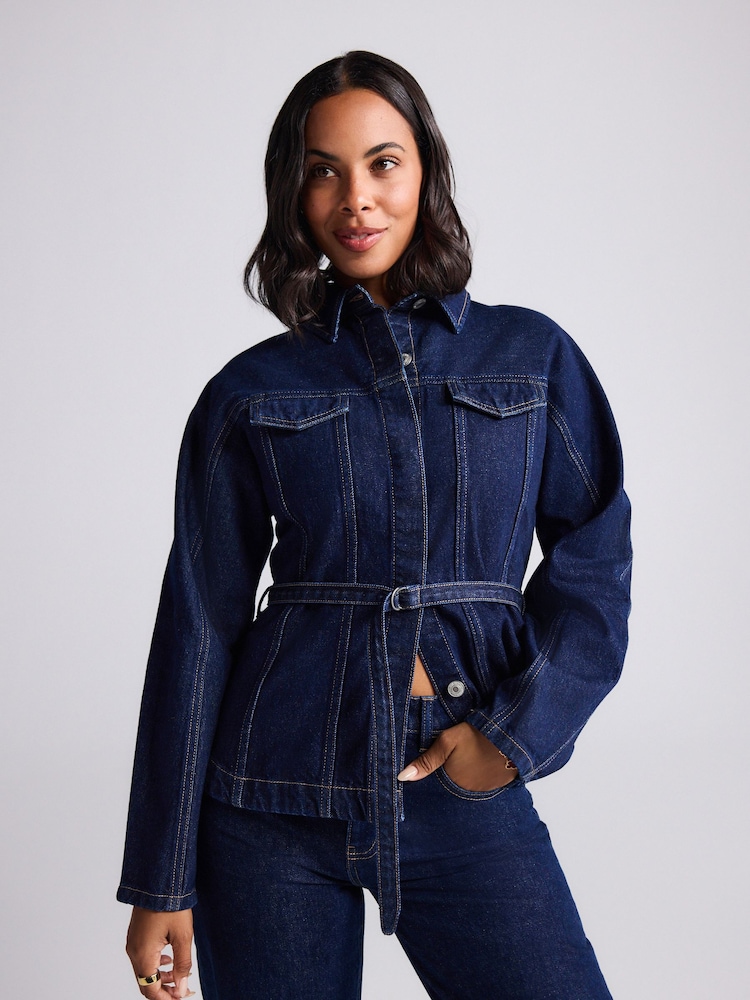 Rinse Blue Belted Fitted Denim Jacket - Image 1 of 8 Rinse Blue Belted Fitted Denim Jacket - Image 1 of 8