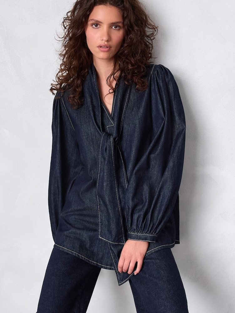 Rinse Blue Tie Neck Volume Sleeve Denim Blouse - Image 1 of 5