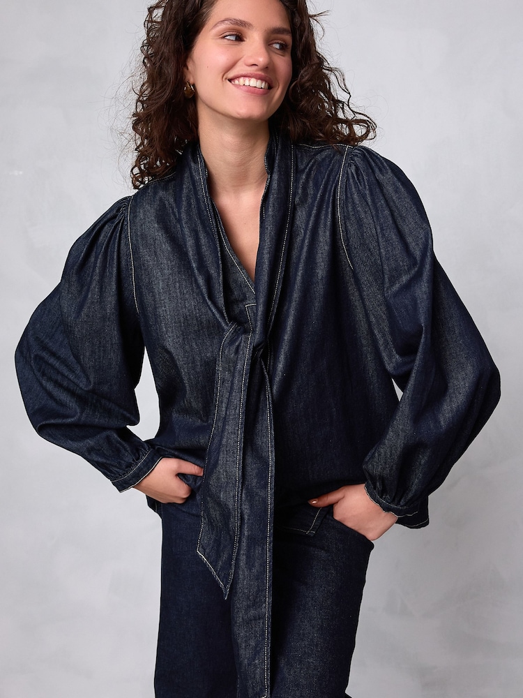 Rinse Blue Tie Neck Volume Sleeve Denim Blouse - Image 2 of 5