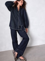 Rinse Blue Tie Neck Volume Sleeve Denim Blouse - Image 3 of 5