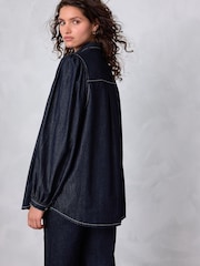 Rinse Blue Tie Neck Volume Sleeve Denim Blouse - Image 4 of 5