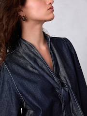 Rinse Blue Tie Neck Volume Sleeve Denim Blouse - Image 5 of 5