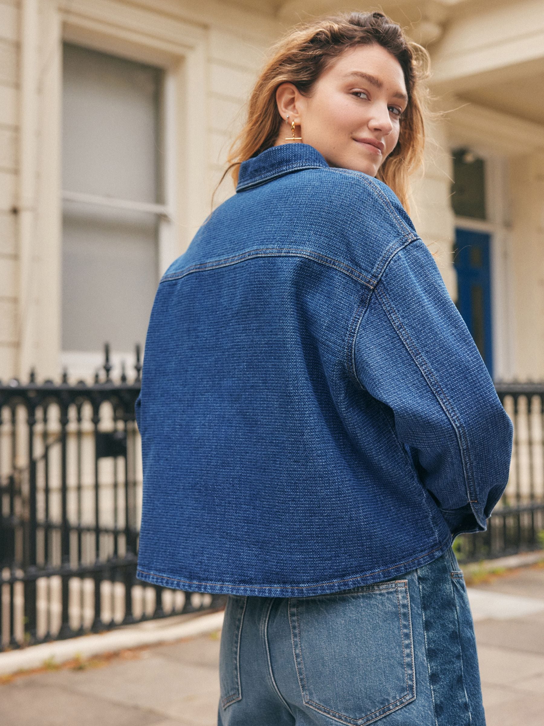 Buy Mid Blue Textured Denim Cropped Check Shirt from Next USA