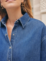 Mid Blue Textured Denim Cropped Check Shirt - Image 4 of 8