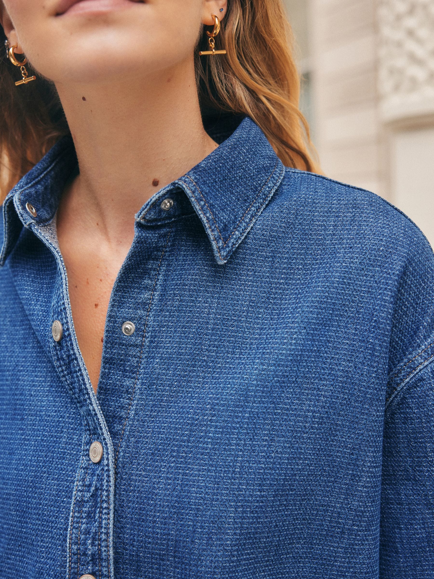 Buy Mid Blue Textured Denim Cropped Check Shirt from Next USA