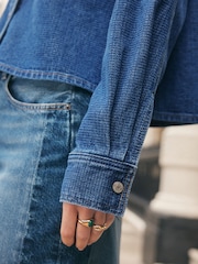 Mid Blue Textured Denim Cropped Check Shirt - Image 5 of 8
