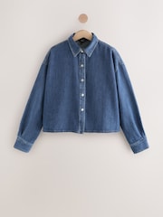 Mid Blue Textured Denim Cropped Check Shirt - Image 6 of 8