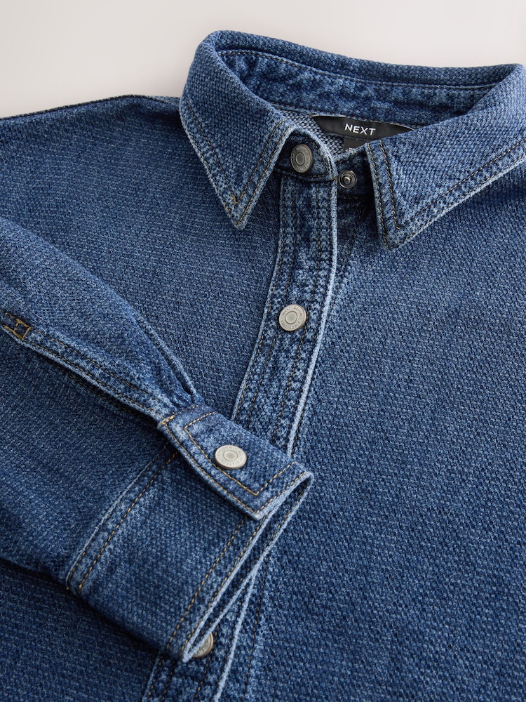 Mid Blue Textured Denim Cropped Check Shirt - Image 8 of 8