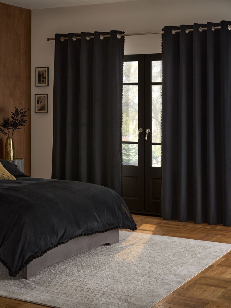 Black Matte Velvet Faux Fur Trim Blackout/Thermal Eyelet Curtains - Image 1 of 7 Black Matte Velvet Faux Fur Trim Blackout/Thermal Eyelet Curtains - Image 1 of 7