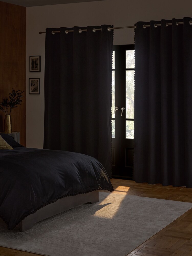 Black Matte Velvet Faux Fur Trim Blackout/Thermal Eyelet Curtains - Image 2 of 7 Black Matte Velvet Faux Fur Trim Blackout/Thermal Eyelet Curtains - Image 2 of 7