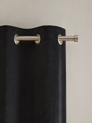 Black Matte Velvet Faux Fur Trim Blackout/Thermal Eyelet Curtains - Image 4 of 7