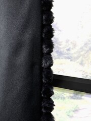 Black Matte Velvet Faux Fur Trim Blackout/Thermal Eyelet Curtains - Image 5 of 7