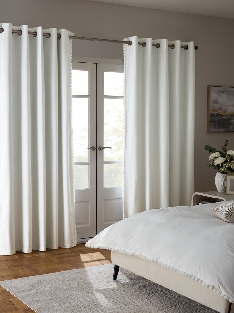 White Matte Velvet Faux Fur Trim Blackout/Thermal Eyelet Curtains - Image 1 of 7 White Matte Velvet Faux Fur Trim Blackout/Thermal Eyelet Curtains - Image 1 of 7