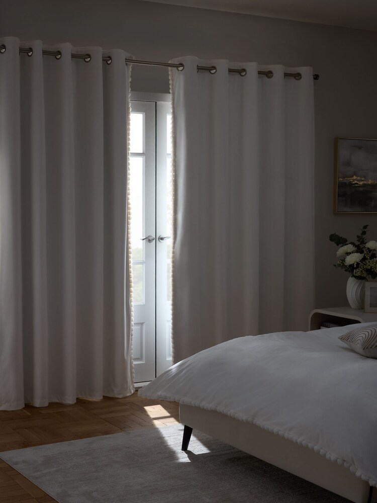 White Matte Velvet Faux Fur Trim Blackout/Thermal Eyelet Curtains - Image 2 of 7 White Matte Velvet Faux Fur Trim Blackout/Thermal Eyelet Curtains - Image 2 of 7