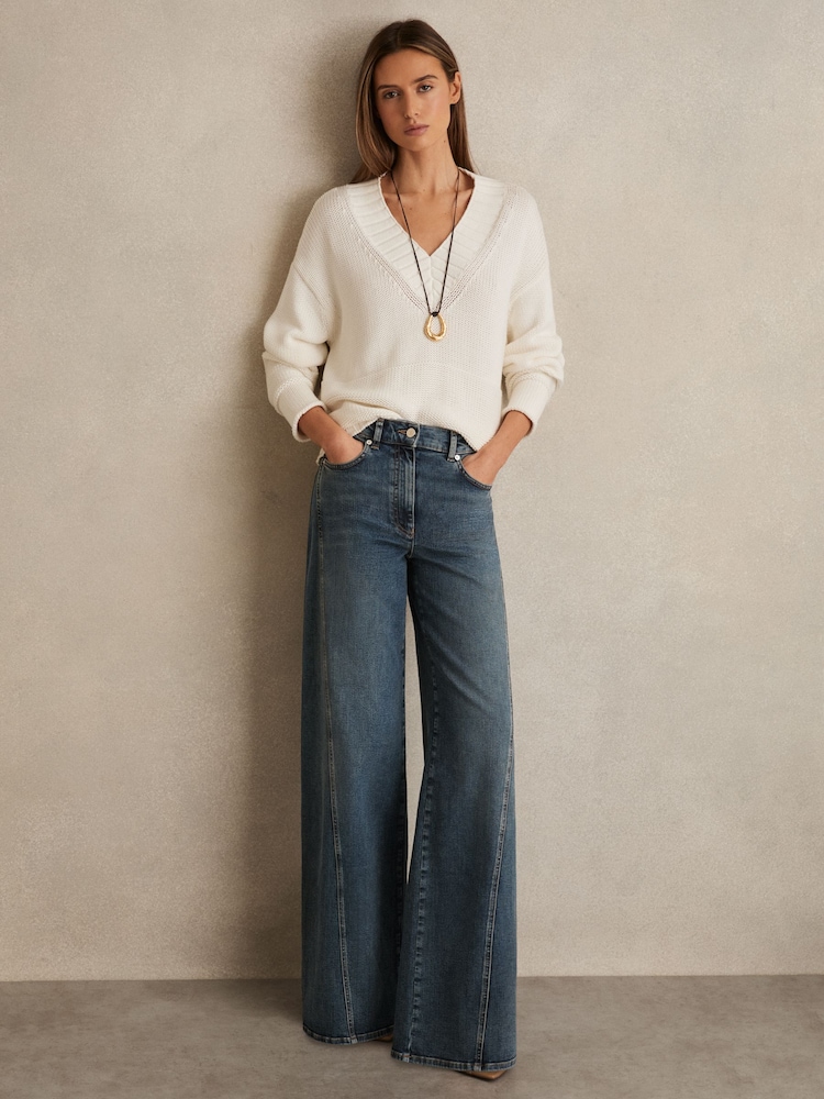 Reiss Mid Blue Fern Petite Twist Seam Wide Leg Jeans - Image 1 of 7