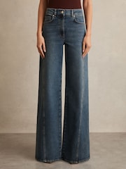Reiss Mid Blue Fern Petite Twist Seam Wide Leg Jeans - Image 3 of 7