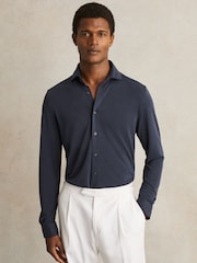 Reiss Navy Bobby Modal-Blend Cutaway-Collar Shirt Regular-Fit - Image 1 of 7