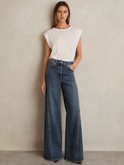 Reiss Mid Blue Fern Twist Seam Wide Leg Jeans - Image 1 of 6