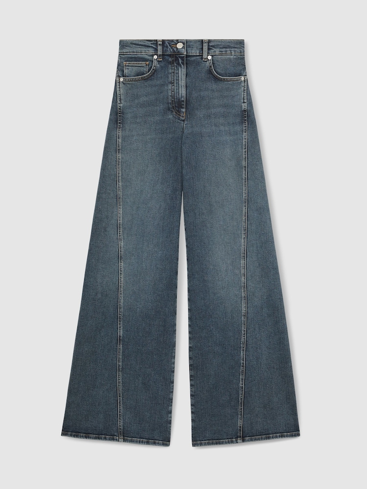 Reiss Mid Blue Fern Twist Seam Wide Leg Jeans - Image 2 of 6