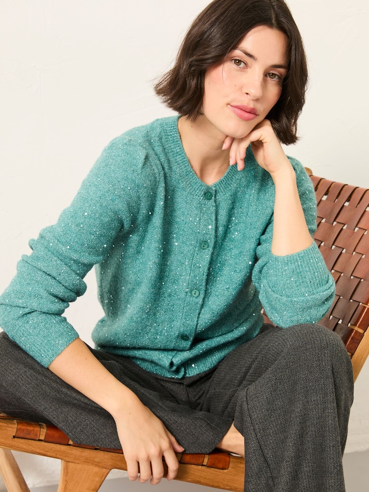 FatFace Jasmine Aqua Blue Sparkle Knitted Cardigan - Image 1 of 6 FatFace Jasmine Aqua Blue Sparkle Knitted Cardigan - Image 1 of 6