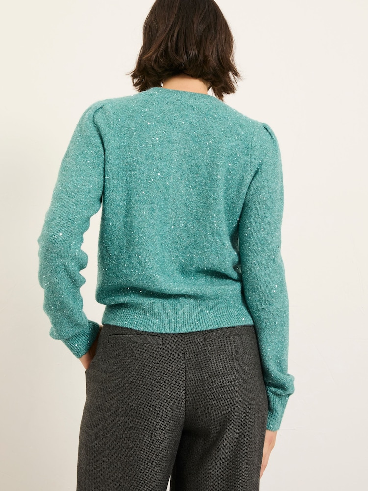 FatFace Jasmine Aqua Blue Sparkle Knitted Cardigan - Image 2 of 6 FatFace Jasmine Aqua Blue Sparkle Knitted Cardigan - Image 2 of 6