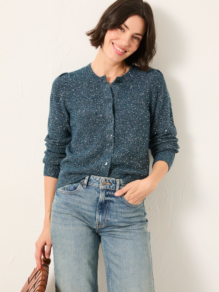 FatFace Jasmine Teal Blue Sparkle Knitted Cardigan - Image 1 of 6