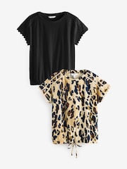 Zwart/dierenprint - Verpakking van 2 T-shirts met korte mouwen en bubbelzoom van 100% katoen - Image 1 of 4