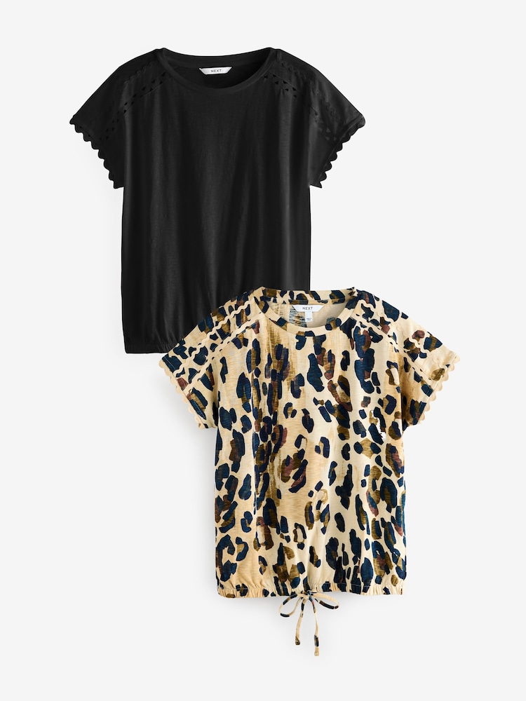 Zwart/dierenprint - Verpakking van 2 T-shirts met korte mouwen en bubbelzoom van 100% katoen - Image 1 of 4