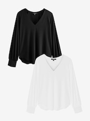 Black/White Long Sleeve V-Neck Jersey Blouse 2 Pack - Image 1 of 4