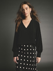 Black/White Long Sleeve V-Neck Jersey Blouse 2 Pack - Image 2 of 4