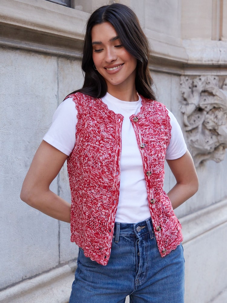 Threadbare Red Button Through Pointelle Knit Vest - Image 1 of 6