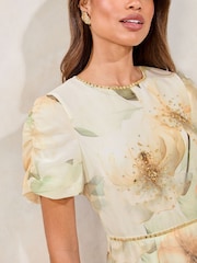 Lipsy White Floral Petite Sleeveless Ruched Bodycon Midi Dress - Image 2 of 4