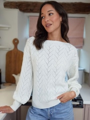 Threadbare Cream Pointelle Knit Slash Neck Crochet Jumper - Image 1 of 4