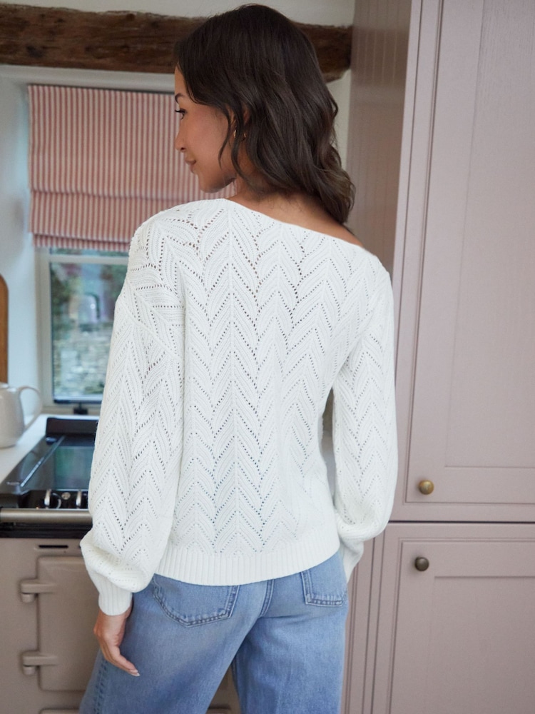 Threadbare Cream Pointelle Knit Slash Neck Crochet Jumper - Image 2 of 4