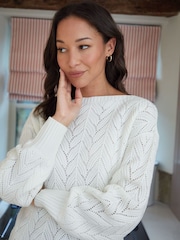 Threadbare Cream Pointelle Knit Slash Neck Crochet Jumper - Image 3 of 4