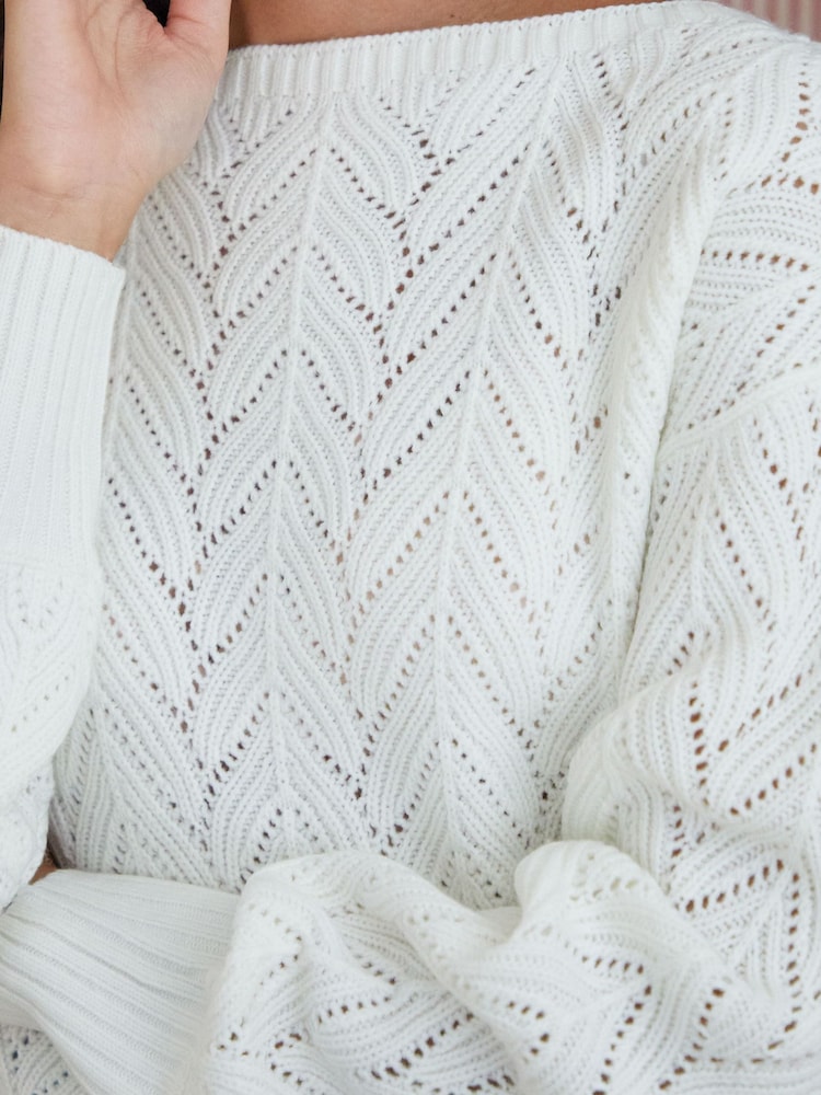 Threadbare Cream Pointelle Knit Slash Neck Crochet Jumper - Image 4 of 4