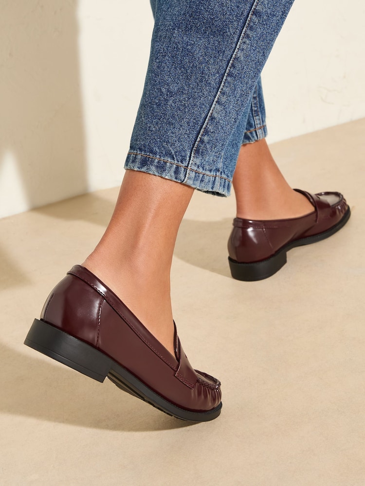 Friends Like These Burgundy Red Flat Ruched Comfort Slip On Patent Faux Leather Penny Loafers - Image 4 of 5