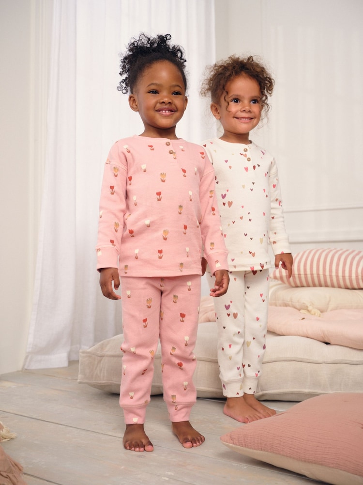 Ecru/Pink Hearts Waffle Pyjamas 2 Pack (9mths-12yrs) - Image 1 of 5