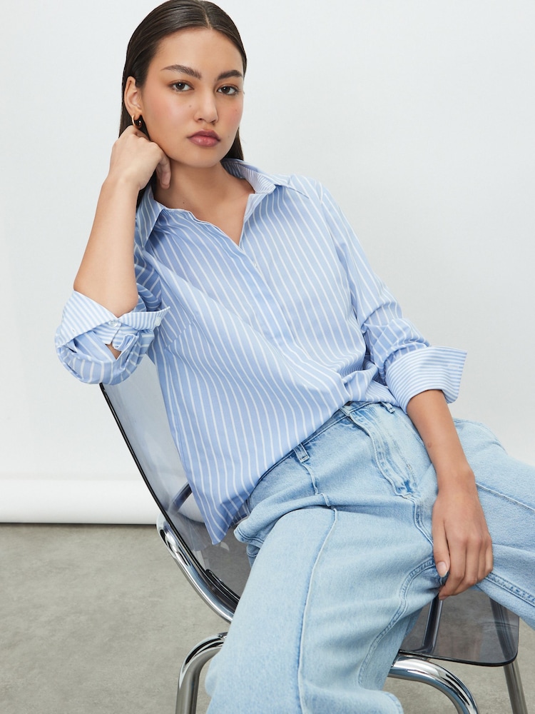 Blue/White Stripe Fitted Stretch Essential Long Sleeve Shirt - Image 1 of 8