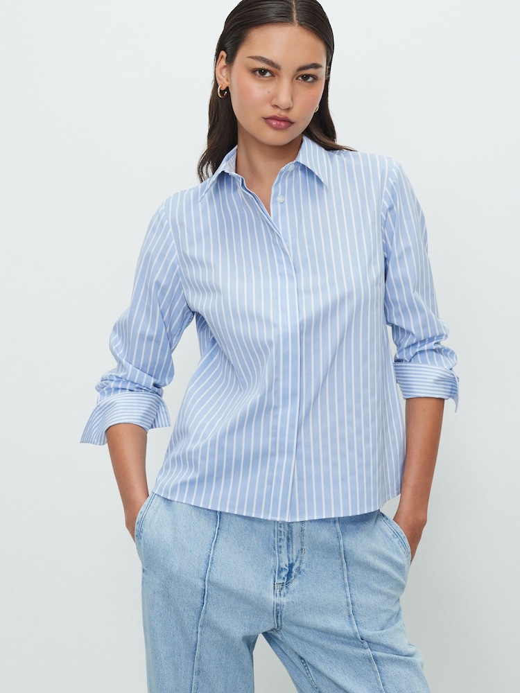 Blue/White Stripe Fitted Stretch Essential Long Sleeve Shirt - Image 2 of 8