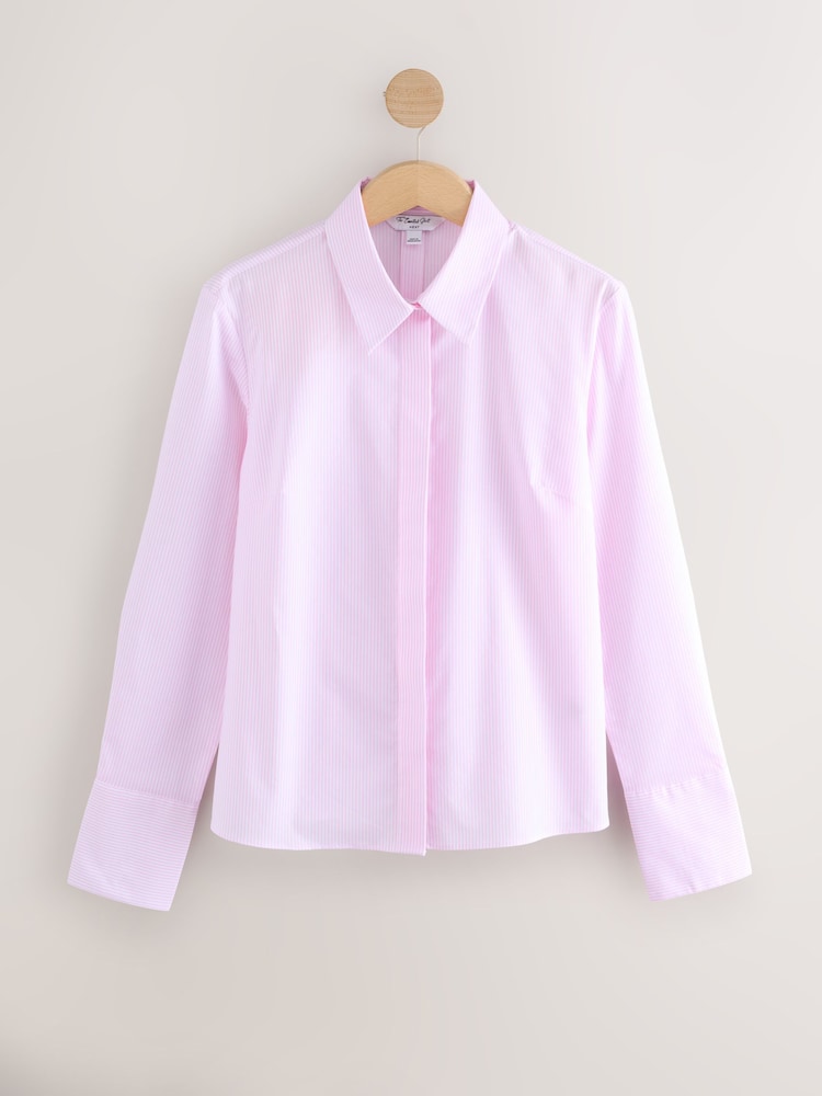 Pink/White Stripe Fitted Stretch Essential Long Sleeve Shirt - Image 1 of 4