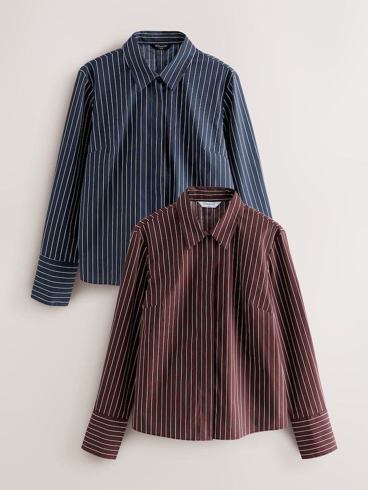 Navy Stripe/Burgundy Stripe Fitted Stretch Essential Long Sleeve Shirts 2 Pack - Image 1 of 10