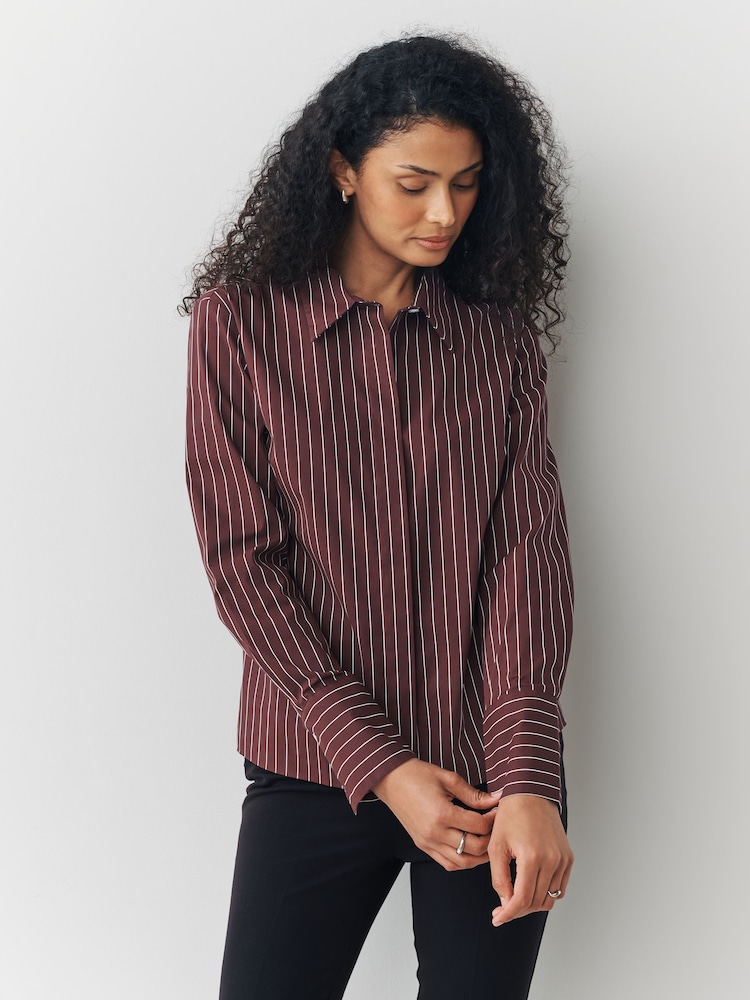 Chemise Femme DKNY Jeans Bordeaux Rayée à Volants – Taille S, Manches Longues