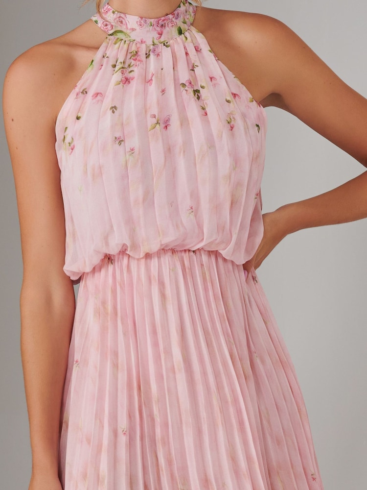 Jolie Moi Pink Pleated Halterneck Maxi Dress - Image 2 of 6 Jolie Moi Pink Pleated Halterneck Maxi Dress - Image 2 of 6