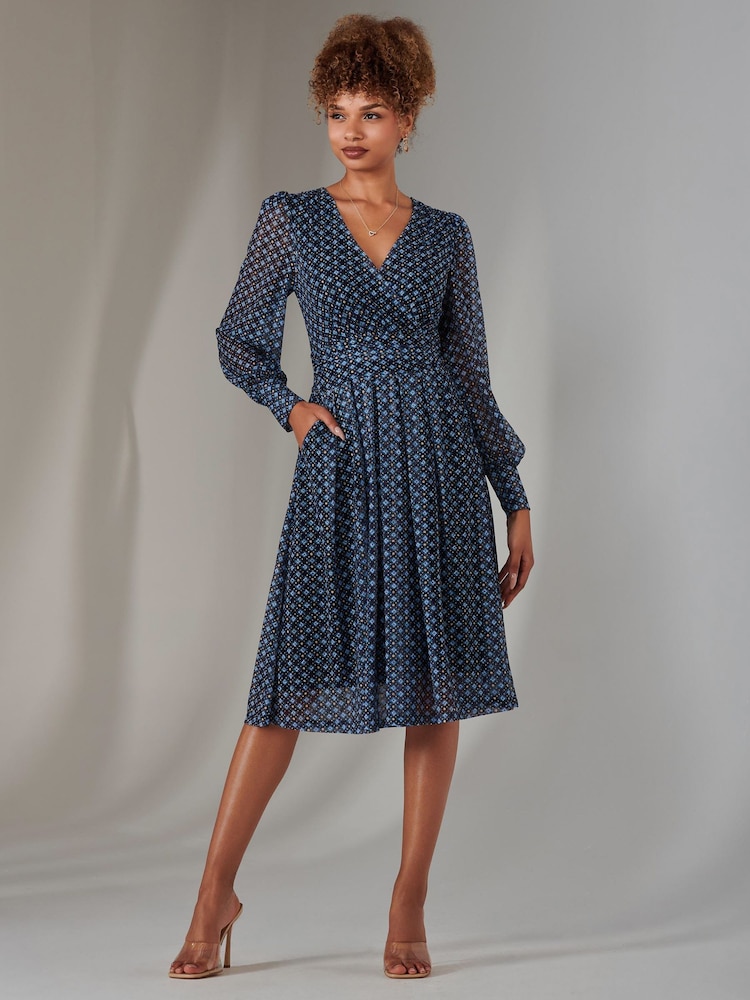 Jolie Moi Blue Long Sleeve Lace Print Midi Dress - Image 1 of 6 Jolie Moi Blue Long Sleeve Lace Print Midi Dress - Image 1 of 6