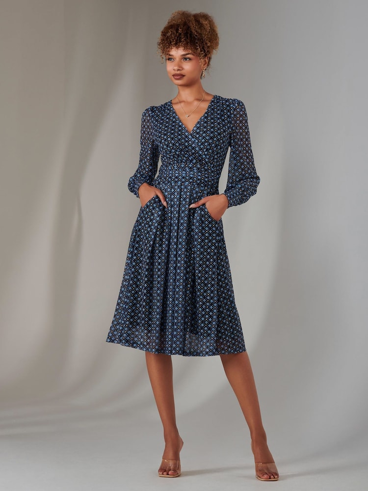 Jolie Moi Blue Long Sleeve Lace Print Midi Dress - Image 6 of 6 Jolie Moi Blue Long Sleeve Lace Print Midi Dress - Image 6 of 6