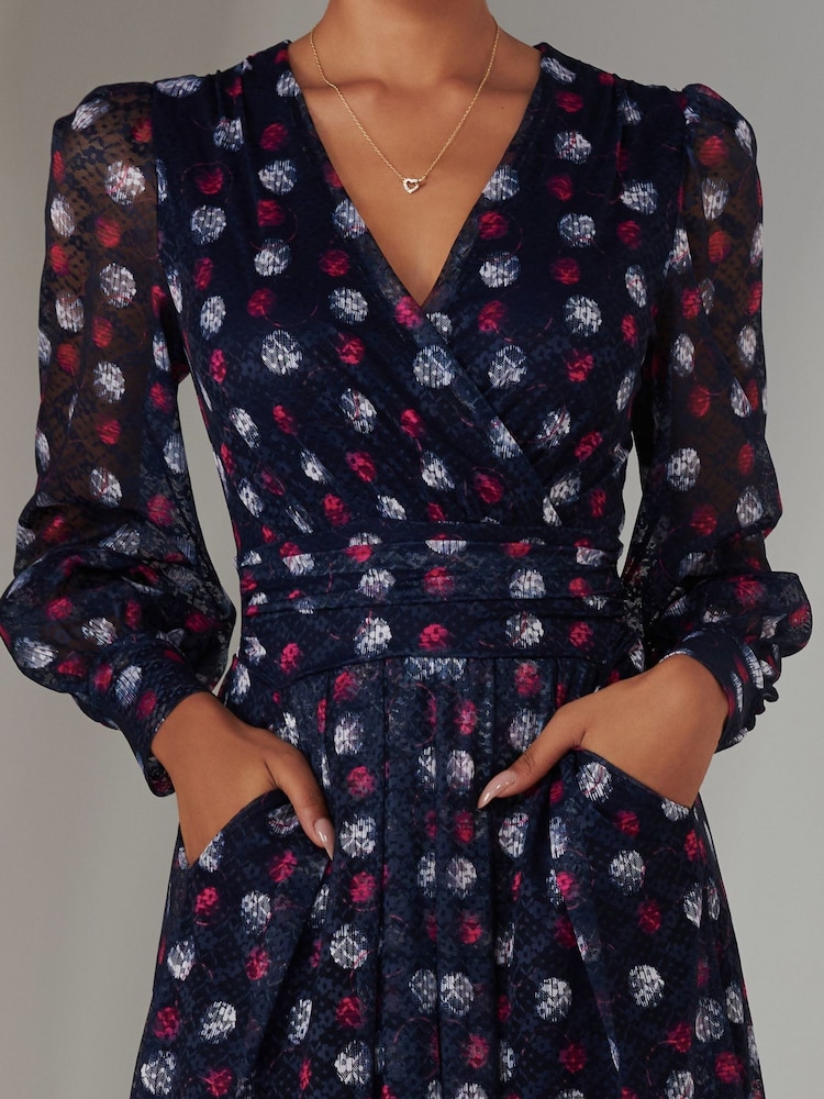 Jolie Moi Blue Dark Long Sleeve Lace Print Midi Dress - Image 3 of 6