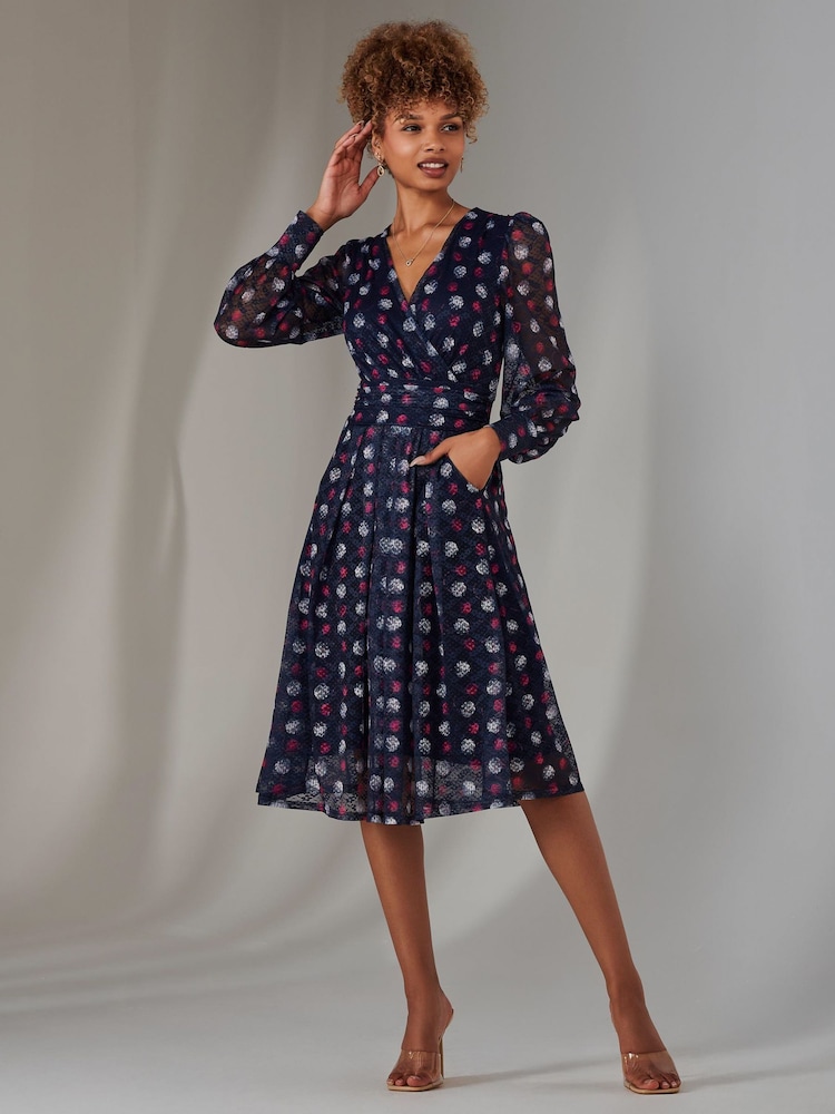 Jolie Moi Blue Dark Long Sleeve Lace Print Midi Dress - Image 4 of 6