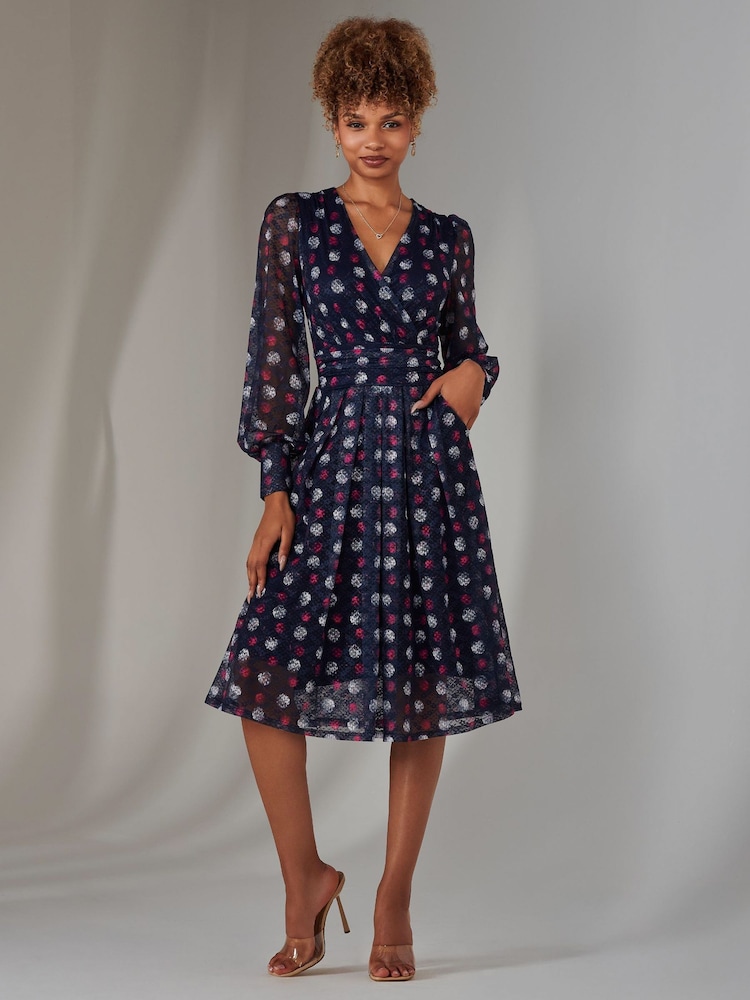 Jolie Moi Blue Dark Long Sleeve Lace Print Midi Dress - Image 5 of 6